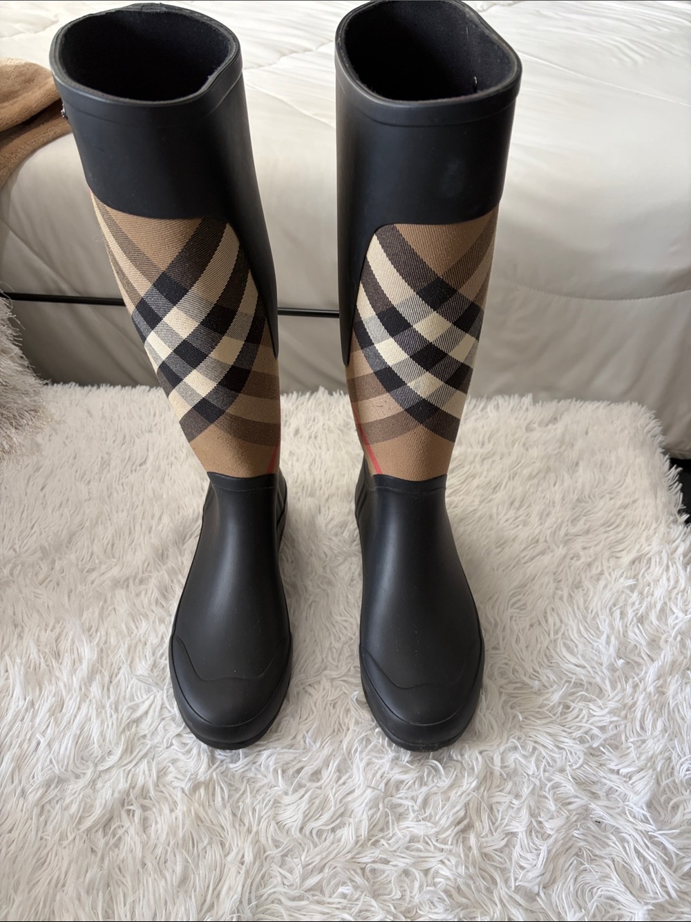 Burberry Black and Tan Plaid Tall Rain Boots